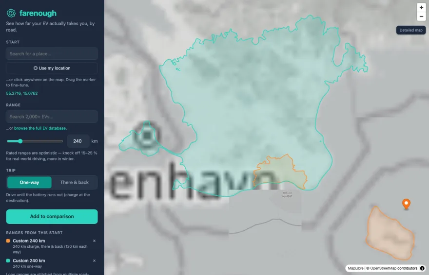 far-enough — a drivable range on the muted detailed basemap